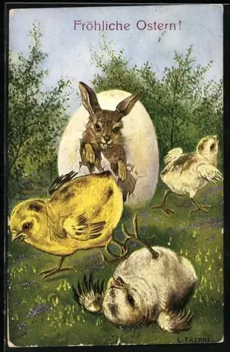 Künstler-AK Ludwig Fromme: Osterhase schlüpft aus einem Osterei