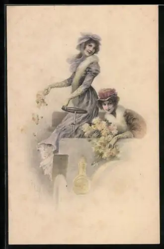 Künstler-AK M. Munk Nr. 240: Wichera: Zwei Damen unterwegs im Auto