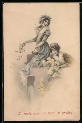 Künstler-AK Wichera: Frauen im Auto streuen Rosen