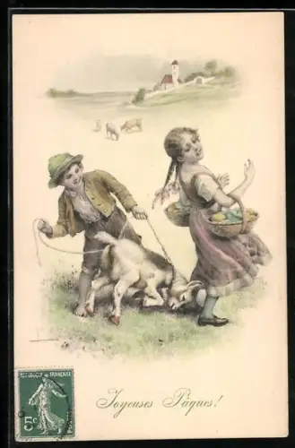 Künstler-AK H. Schubert: Kinder mit einem bockigen Zicklein