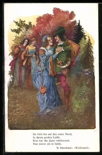 Künstler-AK T. Welzl: Dame Arm in Arm mit Jäger