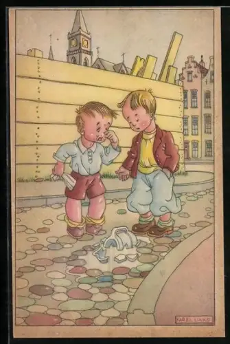 Künstler-AK Karel L. Links: Junge weint über zerbrochenen Krug