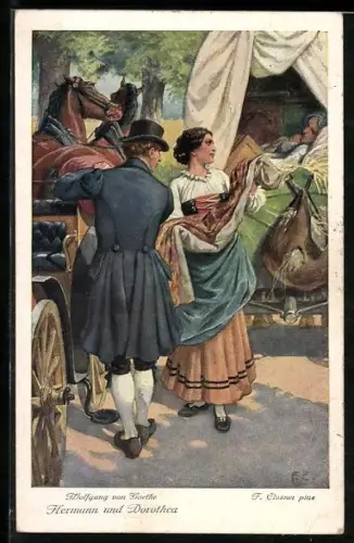 Künstler-AK F. Elssner: Goethe: Hermann und Dorothea, Frau blick in einen offenen Planwagen neben einer Kutsche