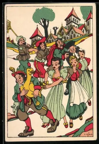 Künstler-AK Karel L. Links: Menschenschlange hinter der goldenen Gans