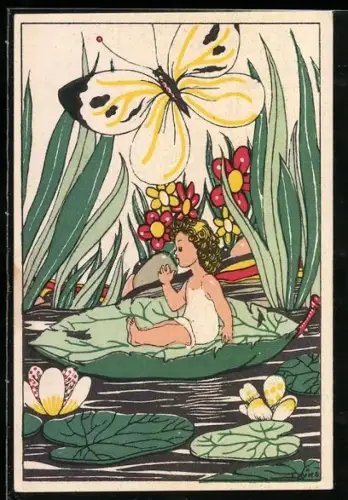 Künstler-AK Karel L. Links: Märchen Däumelinchen mit Schmetterling