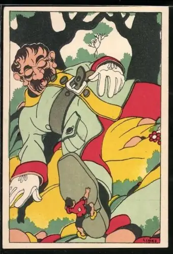 Künstler-AK Karel L. Links: starker Mann trägt einen riesigen schlafenden Soldaten