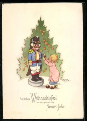 Künstler-AK Liesel Lauterborn: Mädchen reicht einem Nussknacker Nüsse