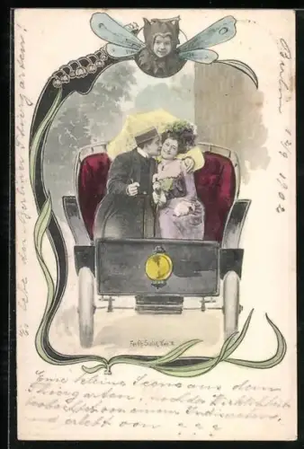 Künstler-AK Charles Scolik: Liebespaar im Auto im Jugendstil-Rahmen