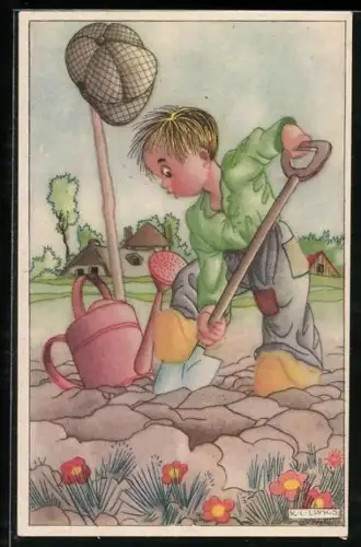 Künstler-AK Karel L. Links: Kleiner Gärtner mit Spaten und Giesskanne bei der Arbeit