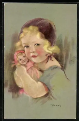 Künstler-AK Kleines Mädchen mit Puppe