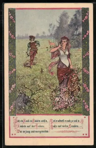 Künstler-AK T. Welzl: Röslein auf der Heiden, Liedtext und Mädchen auf der Heide