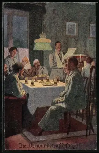 Künstler-AK Kriegsleistungen in der Heimat, Verwundetenfürsorge, Rot Kreuz Schwestern & verwundete Soldaten