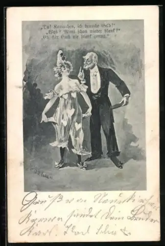Künstler-AK sign. J. W. Sachs: Herr im Frack mit kostümierter Dame