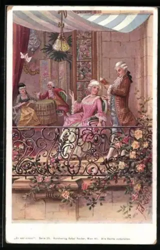 AK Liebespaar, Mann rezitiert Gedichte für Frau auf einem Balkon