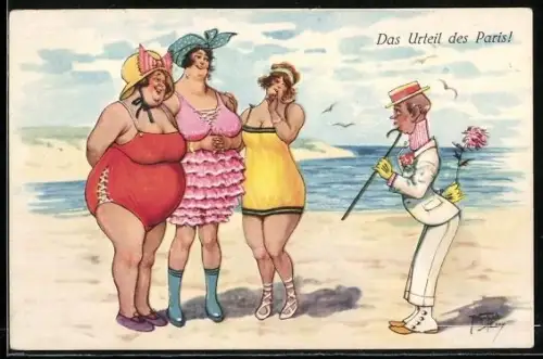 Künstler-AK Arthur Thiele: Das Urteil des Paris!, Urlauber am Strand