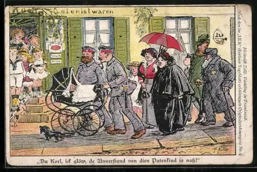 Künstler-AK Heinrich Zille: Soldaten schieben ihr Patenkind im Kinderwagen