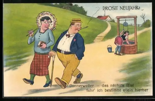 AK Ehepaar geht an Frau am Brunnen vorbei, Erotik