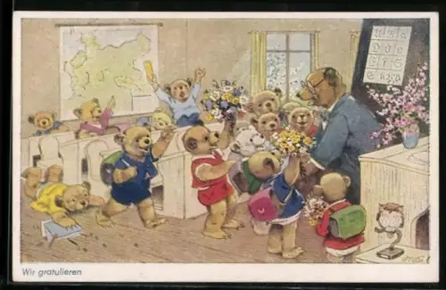 Künstler-AK F.Baumgarten: vermenschlichte Bärenkinder gratulieren dem Lehrer in der Schule, Eule