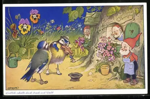 Künstler-AK Fritz Baumgarten: Blaumeisen spielen auf, Zwerge hören zu