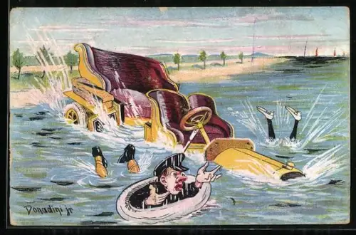 Künstler-AK Antonio Donadini: Mann stürzt mit seinem Auto in das Meer