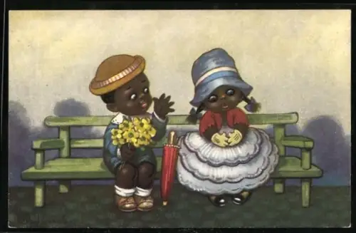 Künstler-AK E. Colombo: Zwei Kinder auf einer Sitzbank