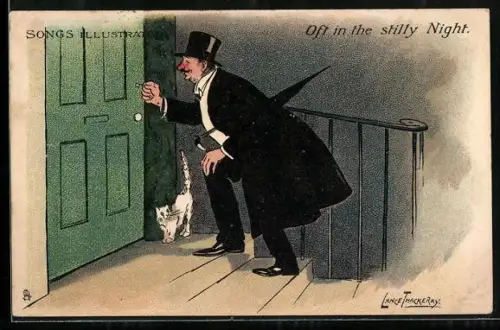 Künstler-AK L. Thackeray: Mann kommt beobachtet von einer Katze spät nach Hause