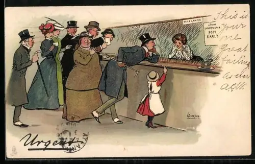 Künstler-AK L. Thackeray: Mann hält die Schlange am Telegraphenamt auf
