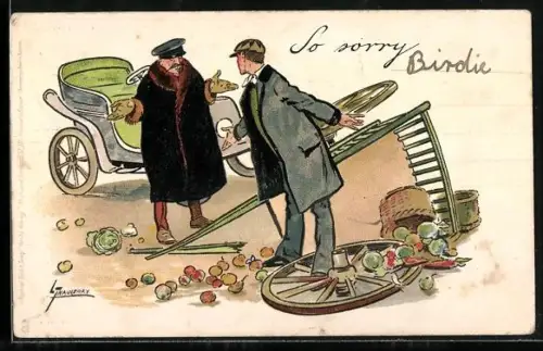 Künstler-AK L. Thackeray: Autofahrer stösst mit einem Gemüsewagen zusammen