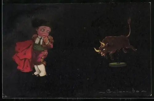 Künstler-AK E. Colombo: Kleiner Stierkämpfer erschreckt sich vor einem Stier