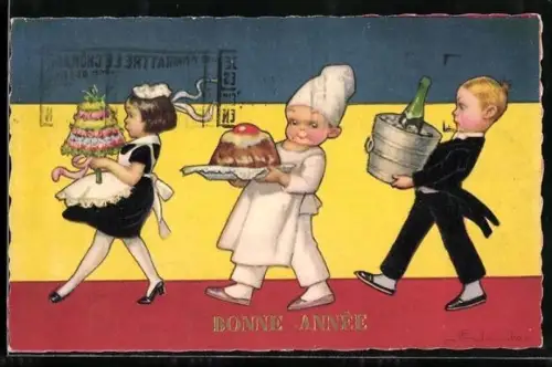 Künstler-AK E. Colombo: Kellnerin, Kellner und Koch bringen Kuchen und Sekt