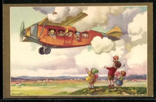 Künstler-AK Castelli: Kinder winken einem Flugzeug