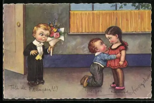 Künstler-AK E. Colombo: Junge ist eifersüchtig auf ein kleines Paar