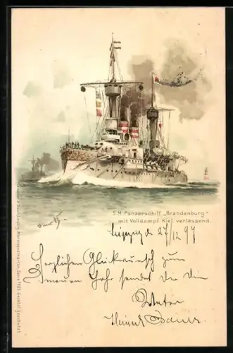 Künstler-AK Hans Bohrdt: S.M. Panzerschiff Brandenburg, Ostasiatisches Kreuzgeschwader