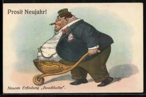 Künstler-AK Arthur Thiele: Leipziger Messe, Neueste Erfindung, Bauchhalter