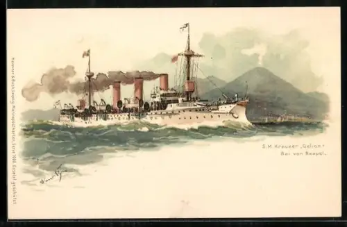 Künstler-Lithographie Hans Bohrdt: Neapel, Kreuzer Gefion in der Bucht