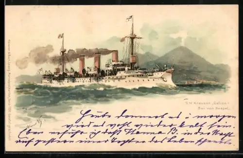 Künstler-AK Hans Bohrdt: Neapel, S. M. Kreuzer Gefion am Bai