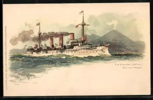 Künstler-Lithographie Hans Bohrdt: Neapel, Kreuzer Gefion in der Bucht