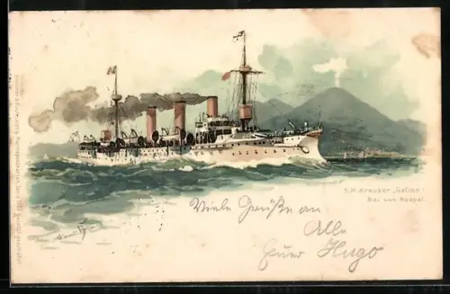 Künstler-Lithographie Hans Bohrdt: Neapel, Kreuzer Gefion in der Bucht
