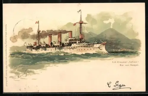 Künstler-Lithographie Hans Bohrdt: Neapel, Kreuzer Gefion in der Bucht