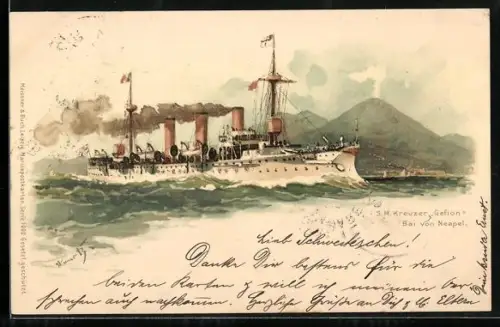 Künstler-Lithographie Hans Bohrdt: Neapel, Kreuzer Gefion in der Bucht