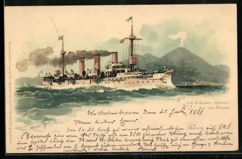 Künstler-Lithographie Hans Bohrdt: Neapel, Kreuzer Gefion in der Bucht