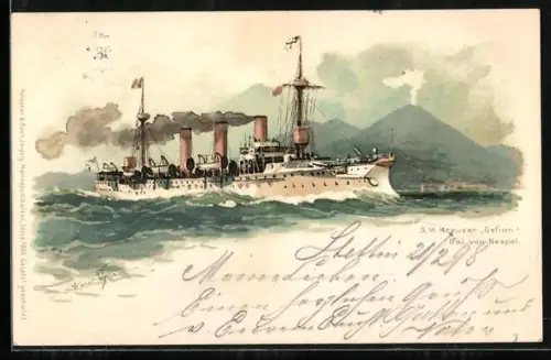 Künstler-Lithographie Hans Bohrdt: Neapel, Kreuzer Gefion in der Bucht