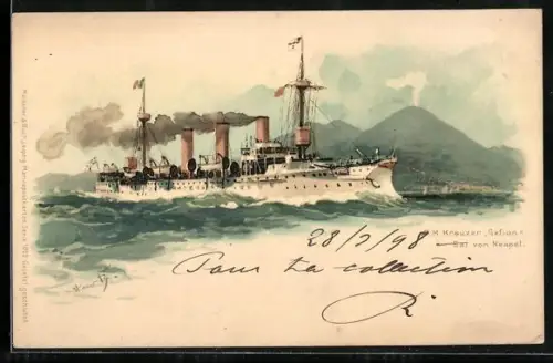 Künstler-Lithographie Hans Bohrdt: Neapel, Kreuzer Gefion in der Bucht