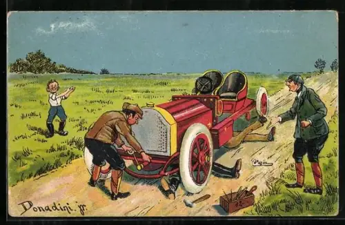 Künstler-AK Antonio Donadini: Männer liegen unter Auto um dieses zu reparieren