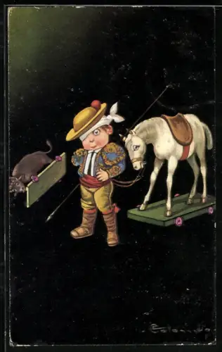 Künstler-AK E. Colombo: Kind mit Pferd und Kuh auf Rollbrettern