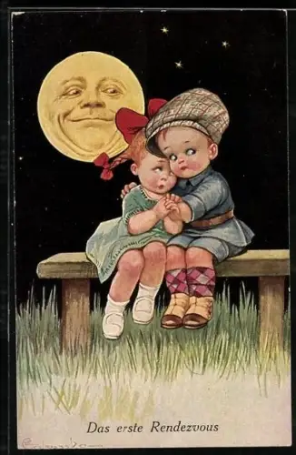 Künstler-AK E. Colombo: Junges Pärchen sitzt bei Nacht auf einer Parkbank und wird vom Mond beobachtet