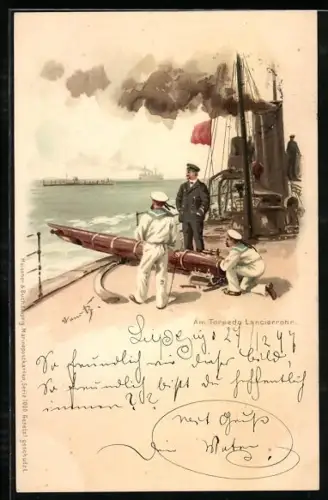 Künstler-Lithographie Hans Bohrdt: Matrosen in Uniform am Torpedo-Lancierrohr eines Kriegsschiffs