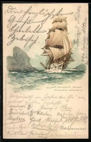 Künstler-AK Hans Bohrdt: S. M. Schulschiff Stosch Rio Janeiro verlassend, Kriegsschiff