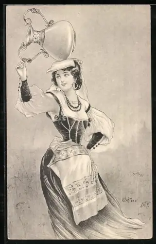 Künstler-AK E. Bottaro: Hübsche Dame in Tracht trägt eine Vase auf dem Kopf