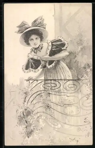 Künstler-AK E. Bottaro: junge Frau mit Hut blickt von einem Balkon